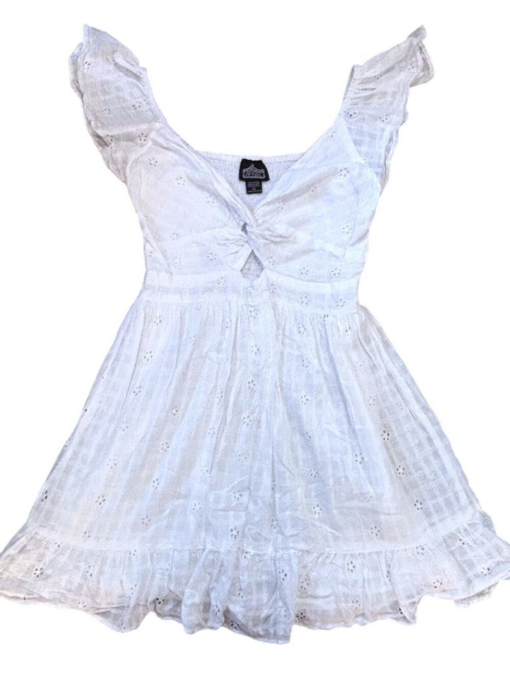 Angie White Smocked Tiered Eyelet Cotton Skater Mini Dress Boho Cut Out Large
